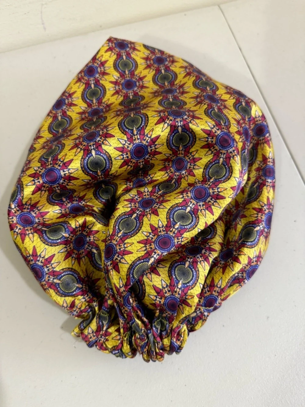 TRUBEAUTY Yellow Patterned Satin Hair Bonnet with Elastic Edge